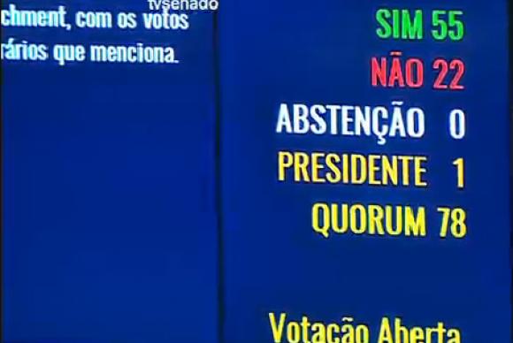 Por 55 votos a favor e 22 contra, Senado abre processo de impeachment de Dilma